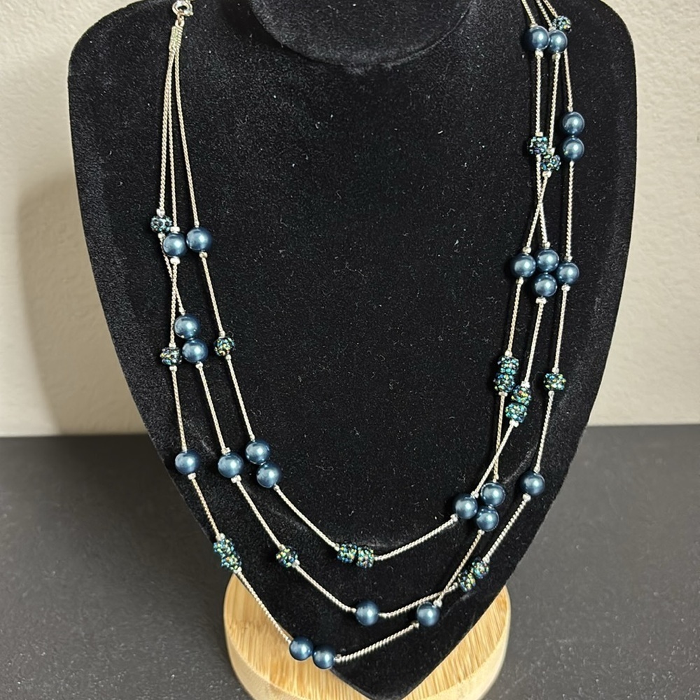 RMN Multi Strand Blue Shimmer Shine Faux Pearl Silver Necklace